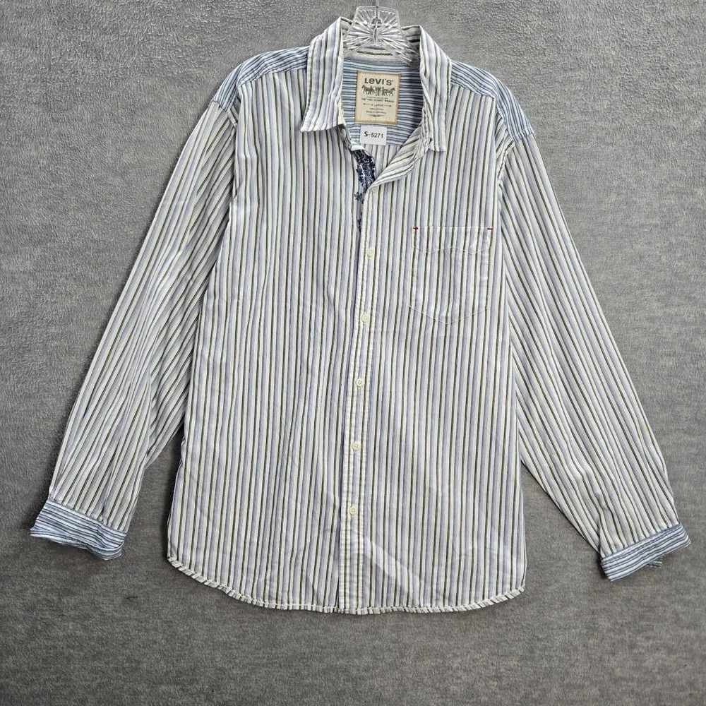Levi's Two Horse Men Button Up Shirt XL Blue Striped Pockets Long Sleeve READ